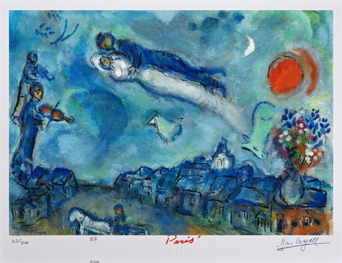 " Les Maries Au-dessus Du Village" by Marc Chagall, Framed Art