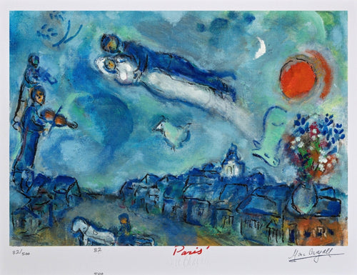 " Les Maries Au-dessus Du Village" by Marc Chagall, Framed Art